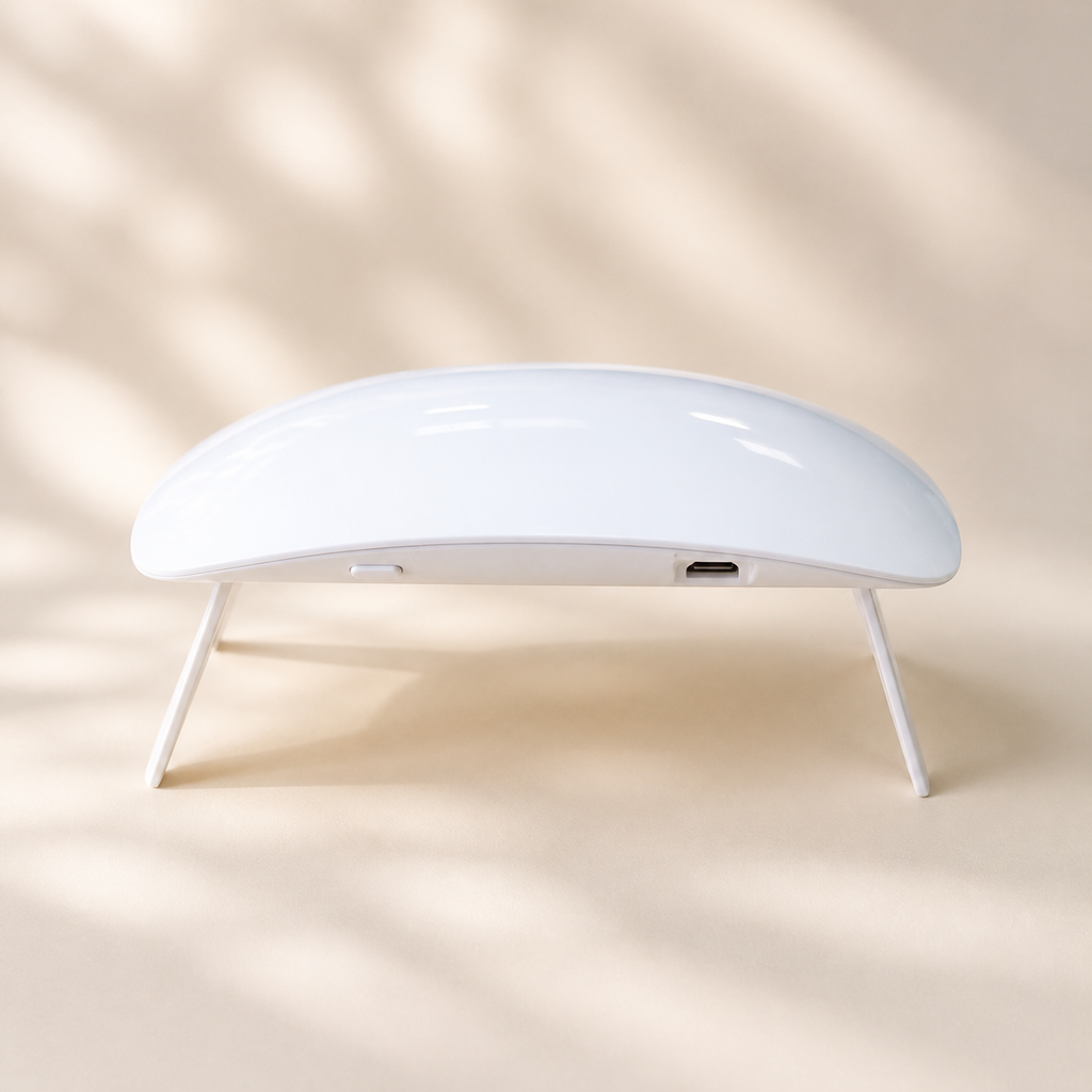 Hiconic mini LED nail lamp, front view, folding legs open