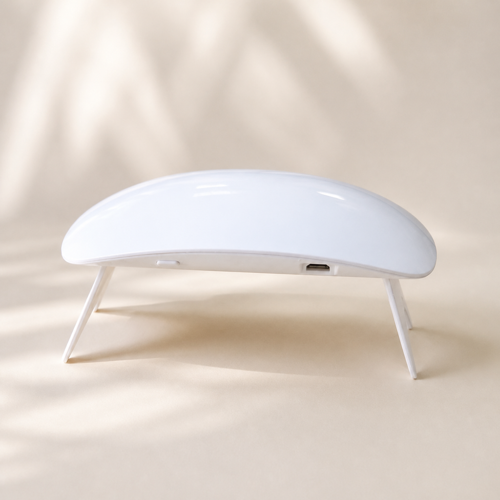 Hiconic mini LED nail lamp, three-quarter view showing the USB-C port
