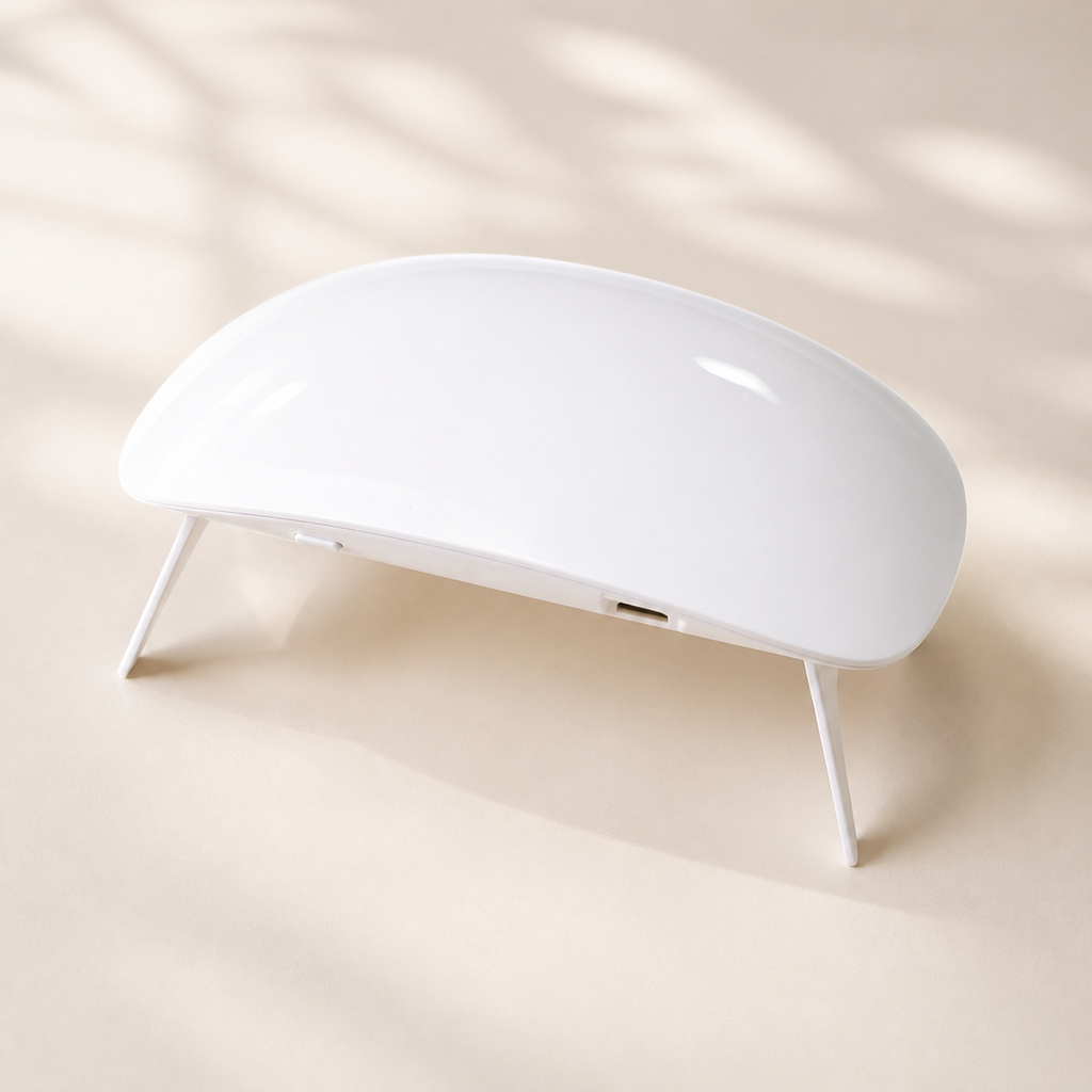 Hiconic mini LED nail lamp seen from above with folding legs extended