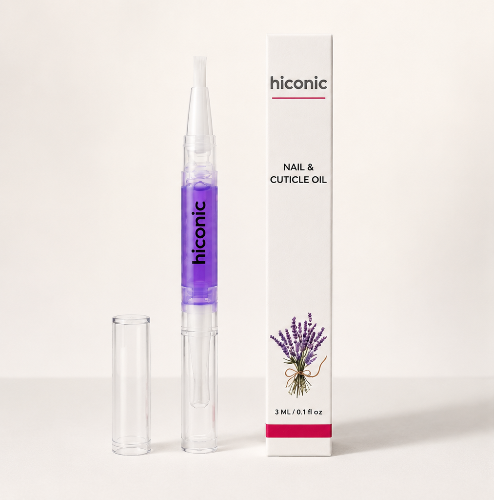 Hiconic cuticle oil pen open, showing the brush applicator tip