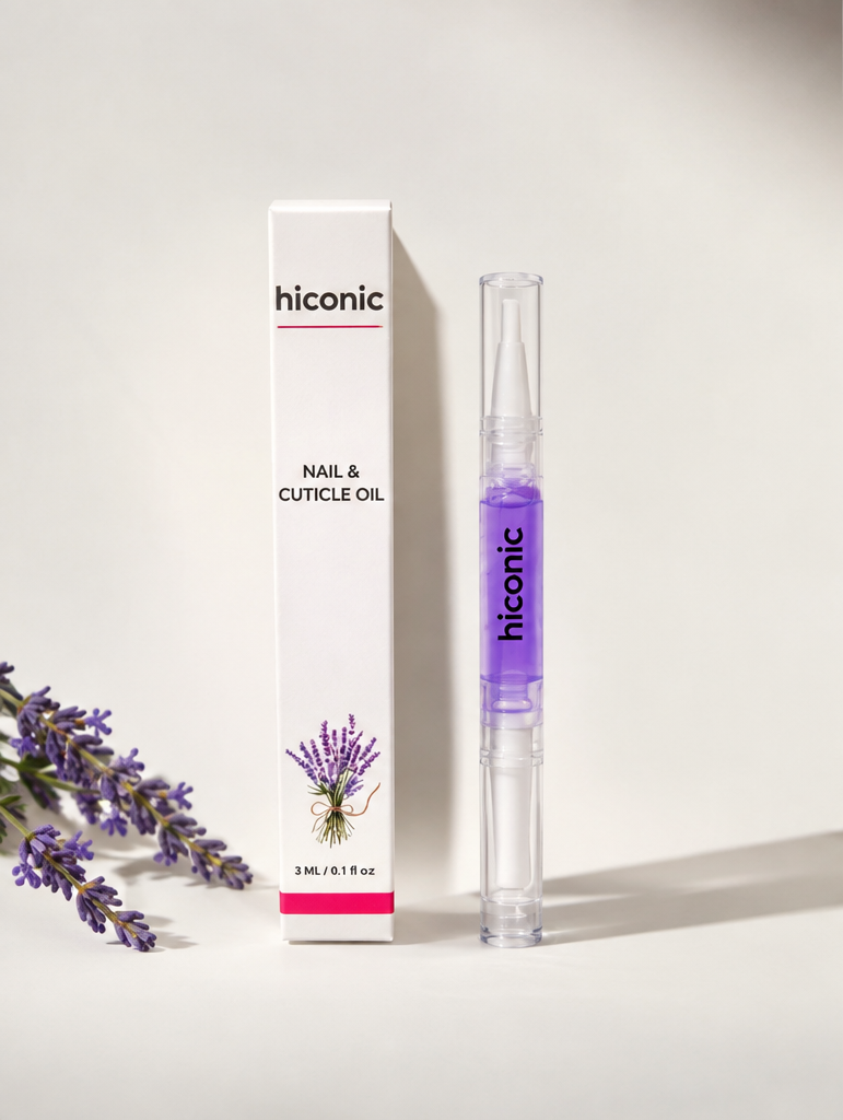 Hiconic nail and cuticle oil box and pen styled with lavender sprigs