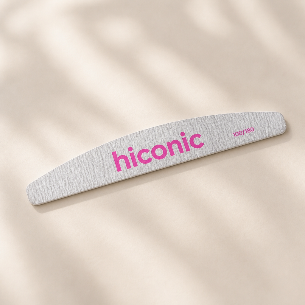 Hiconic 100/180 grit half-moon nail file shown at an angle