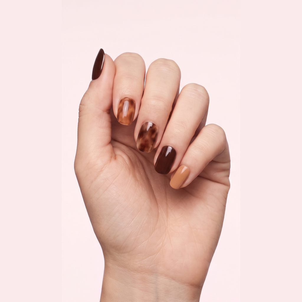 Tortoise shell brown and caramel gel nail strips worn on a light skin tone hand