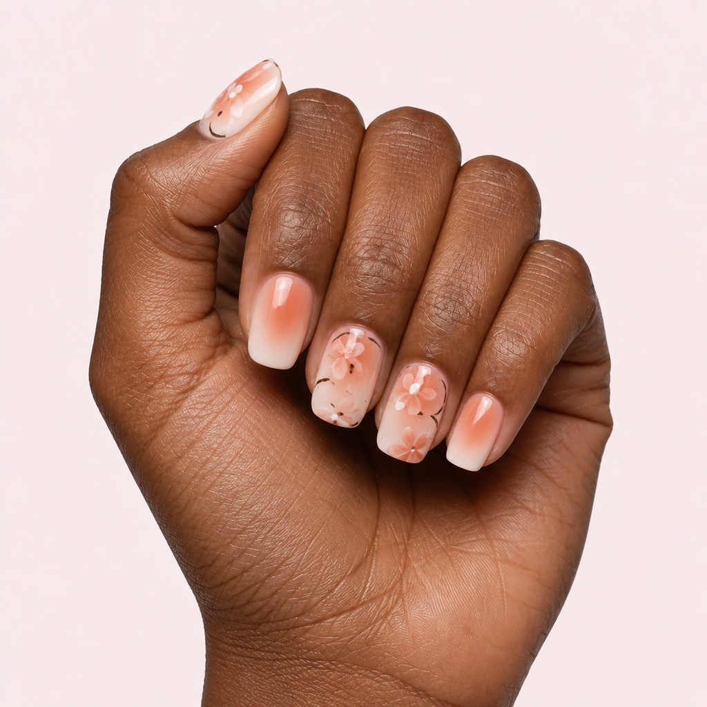 Peach and gold marble gel nail strips worn on a deep skin tone hand