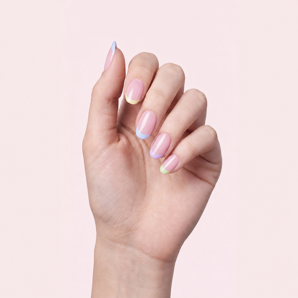 Pastel multicolor French tip gel nail strips worn on a light skin tone hand