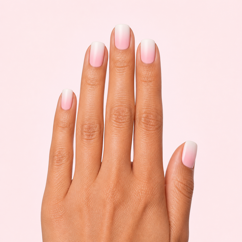 Pink and white ombre baby boomer gel nail strips worn on a tan olive skin tone hand