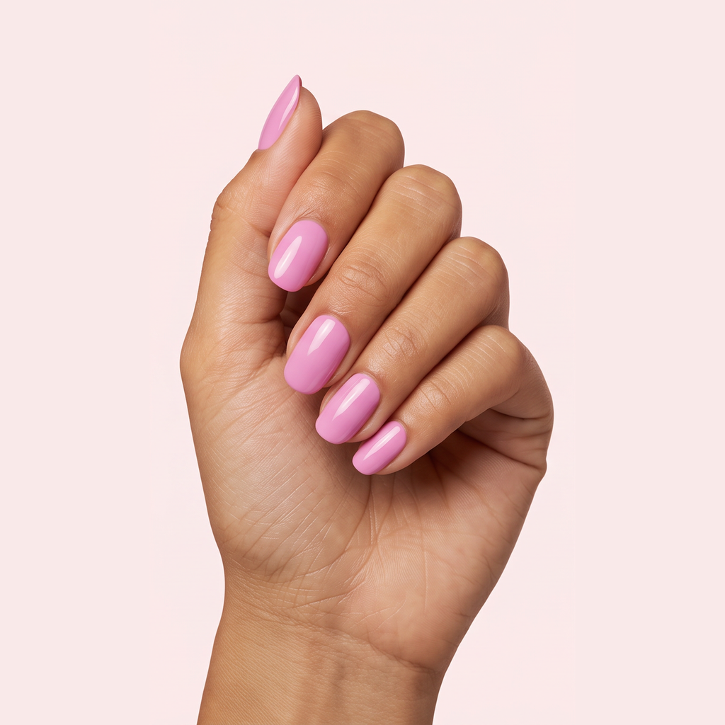 Orchid pink gel nail strips worn on a tan olive skin tone hand