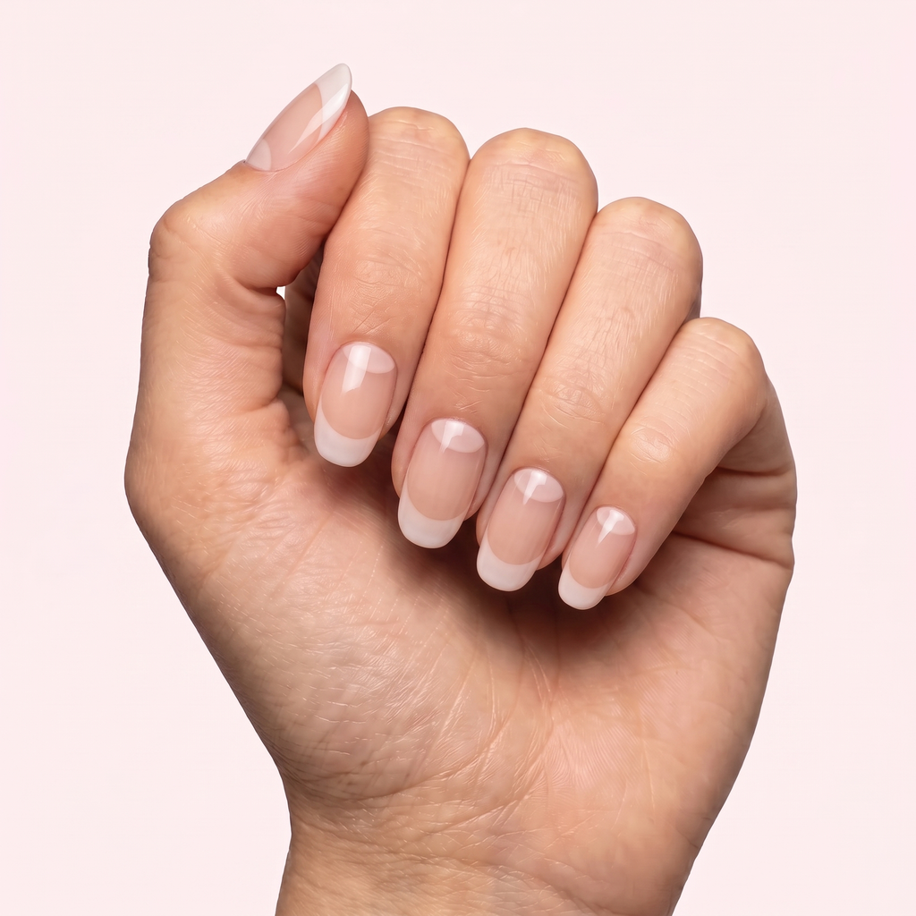 Classic white French tip gel nail strips worn on a light skin tone hand