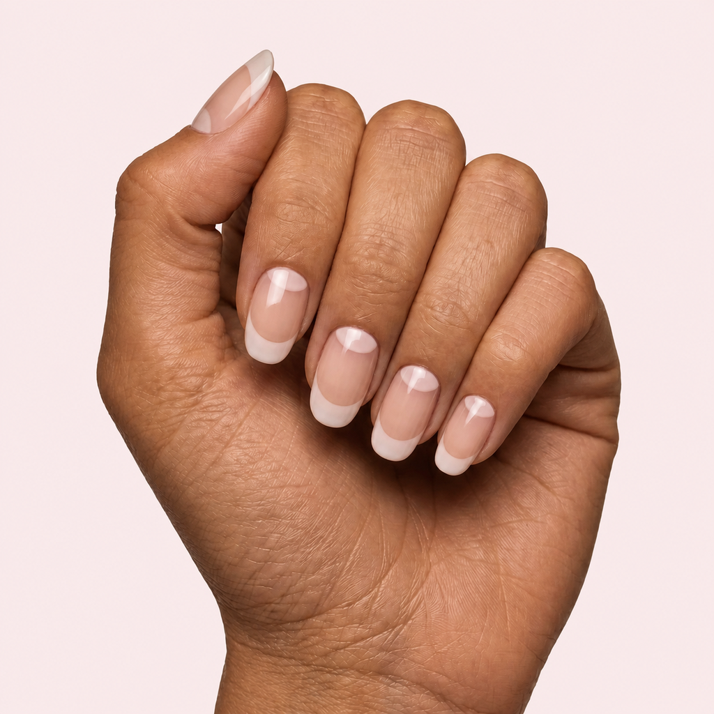 Classic white French tip gel nail strips worn on a tan olive skin tone hand