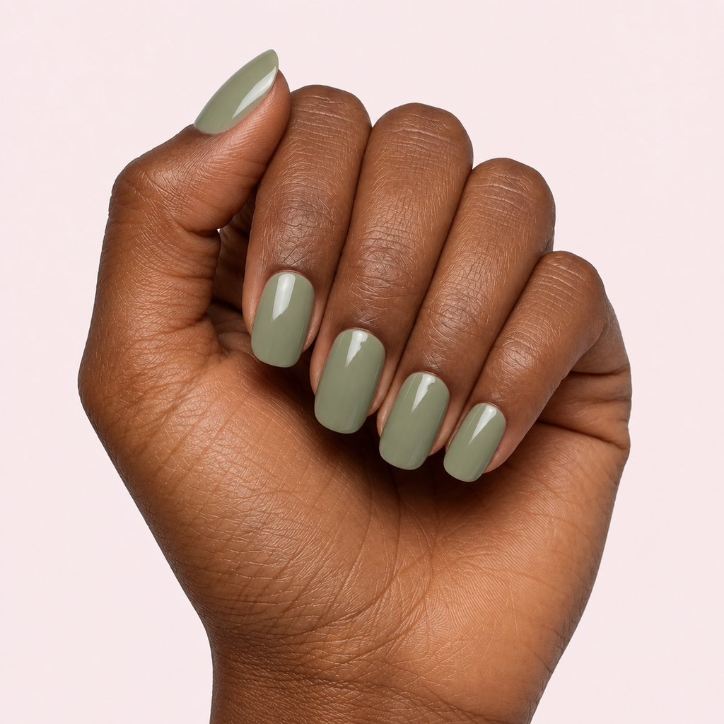 Sage olive green gel nail strips worn on a deep skin tone hand