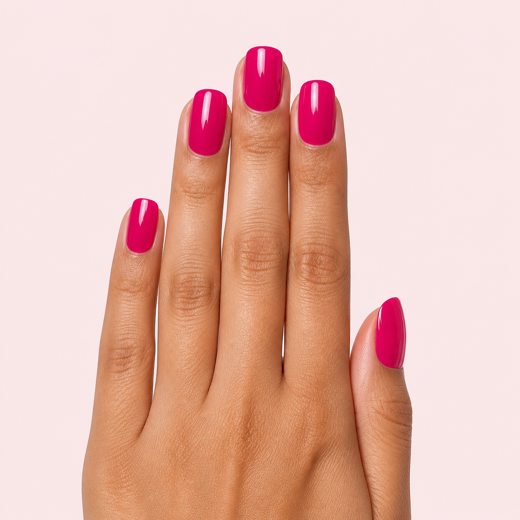 Raspberry pink gel nail strips worn on a tan olive skin tone hand