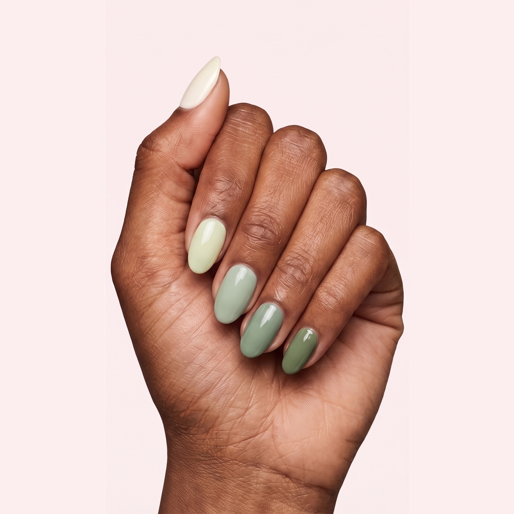 Tonal sage green gradient gel nail strips worn on a deep skin tone hand