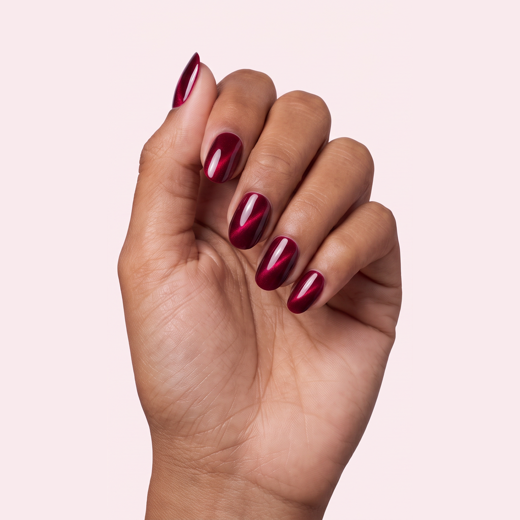 Burgundy chrome metallic gel nail strips worn on a tan olive skin tone hand