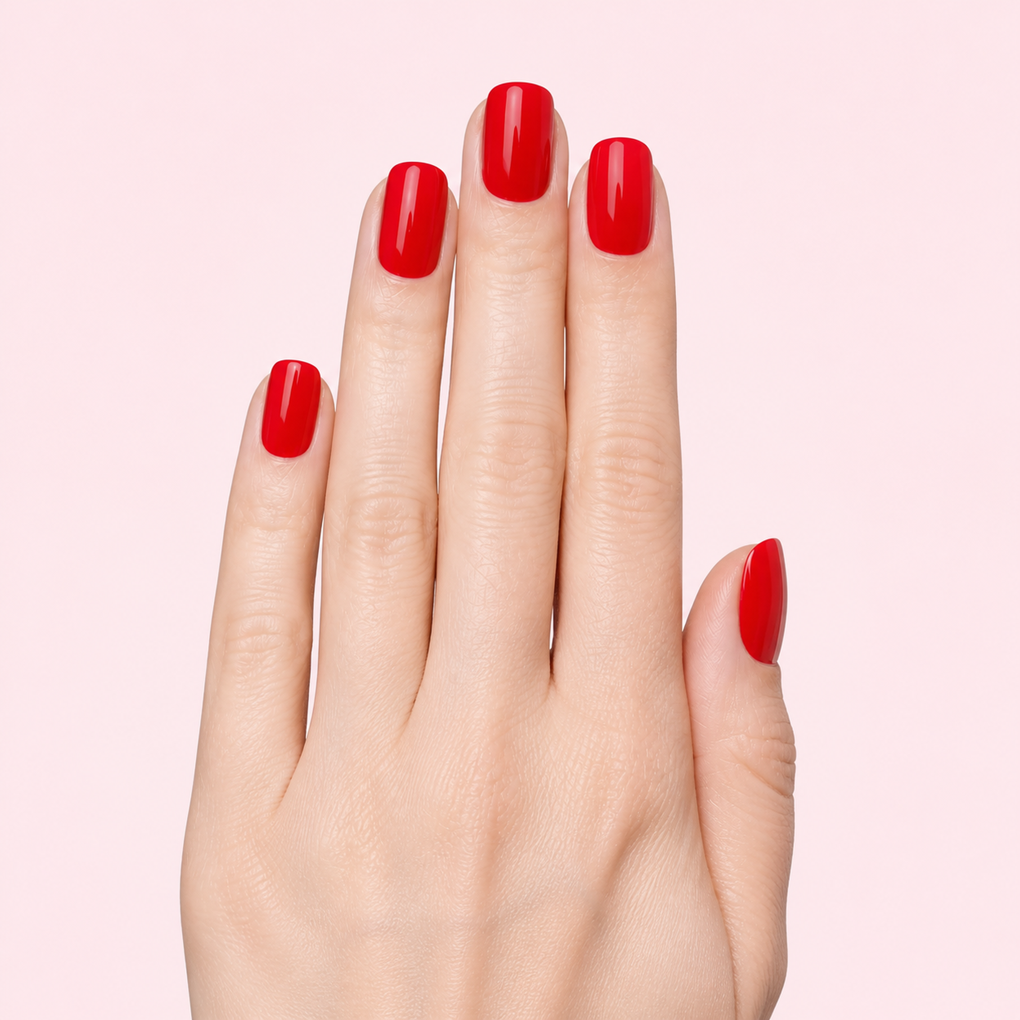 Bright red glossy gel nail strips worn on a light skin tone hand