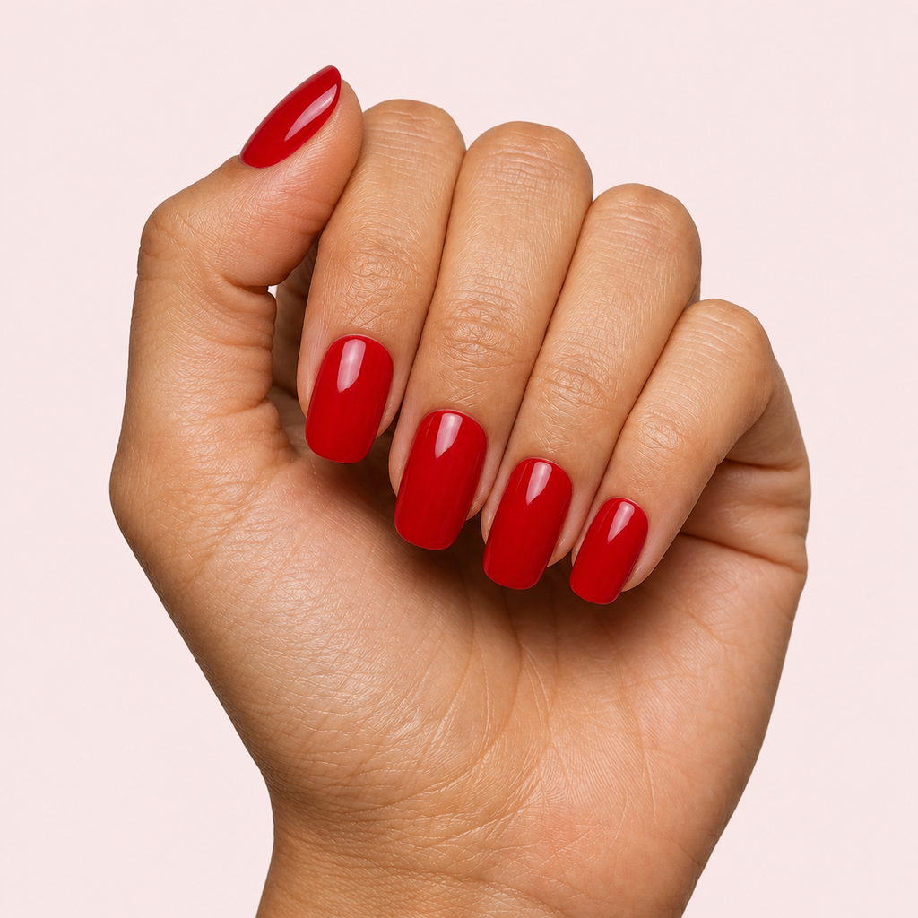 Bright red glossy gel nail strips worn on a tan olive skin tone hand