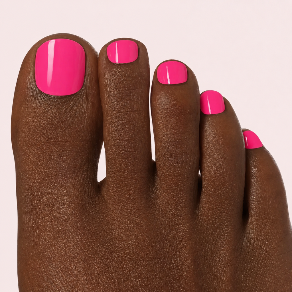 Hot pink fuchsia gel toenail strips worn on a deep skin tone foot