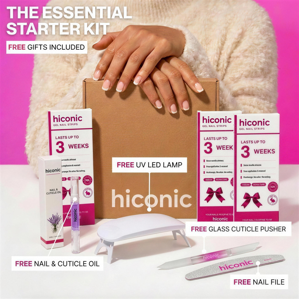 Hiconic Complete Starter Kit with gel nail strips, mini LED lamp, cuticle oil, nail file and glass cuticle pusher