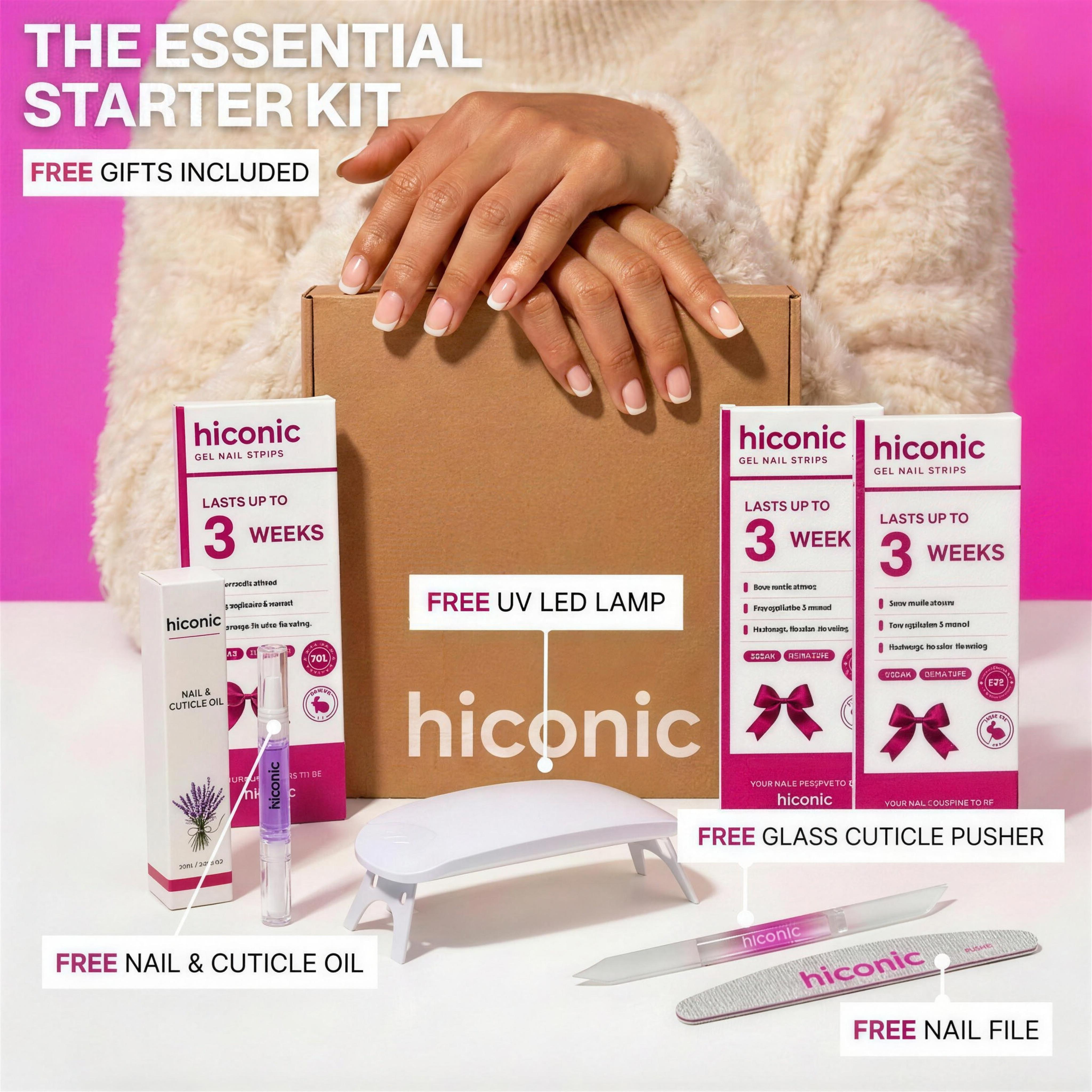 Hiconic Complete Starter Kit with gel nail strips, mini LED lamp, cuticle oil, nail file and glass cuticle pusher