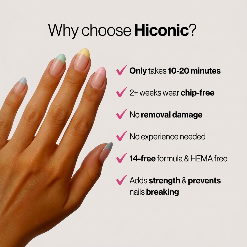 Why choose Hiconic gel nail strips: quick to apply, chip-free wear, HEMA-free formula